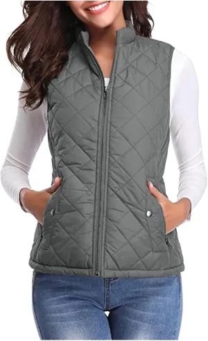 Fashion Puffer Vest Women Fall Winter Sleeveless Coats Down Cotton Waistcoat with Pockets Zip Up Quilted