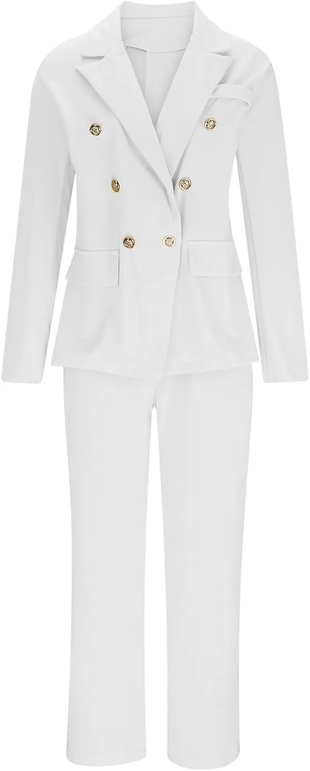 Firzero Pant Suits for Women Dressy Plus Size 2 Piece Blazer Sets Fall Button Blazer and Casual Wide Leg Pants Jacket Outfits