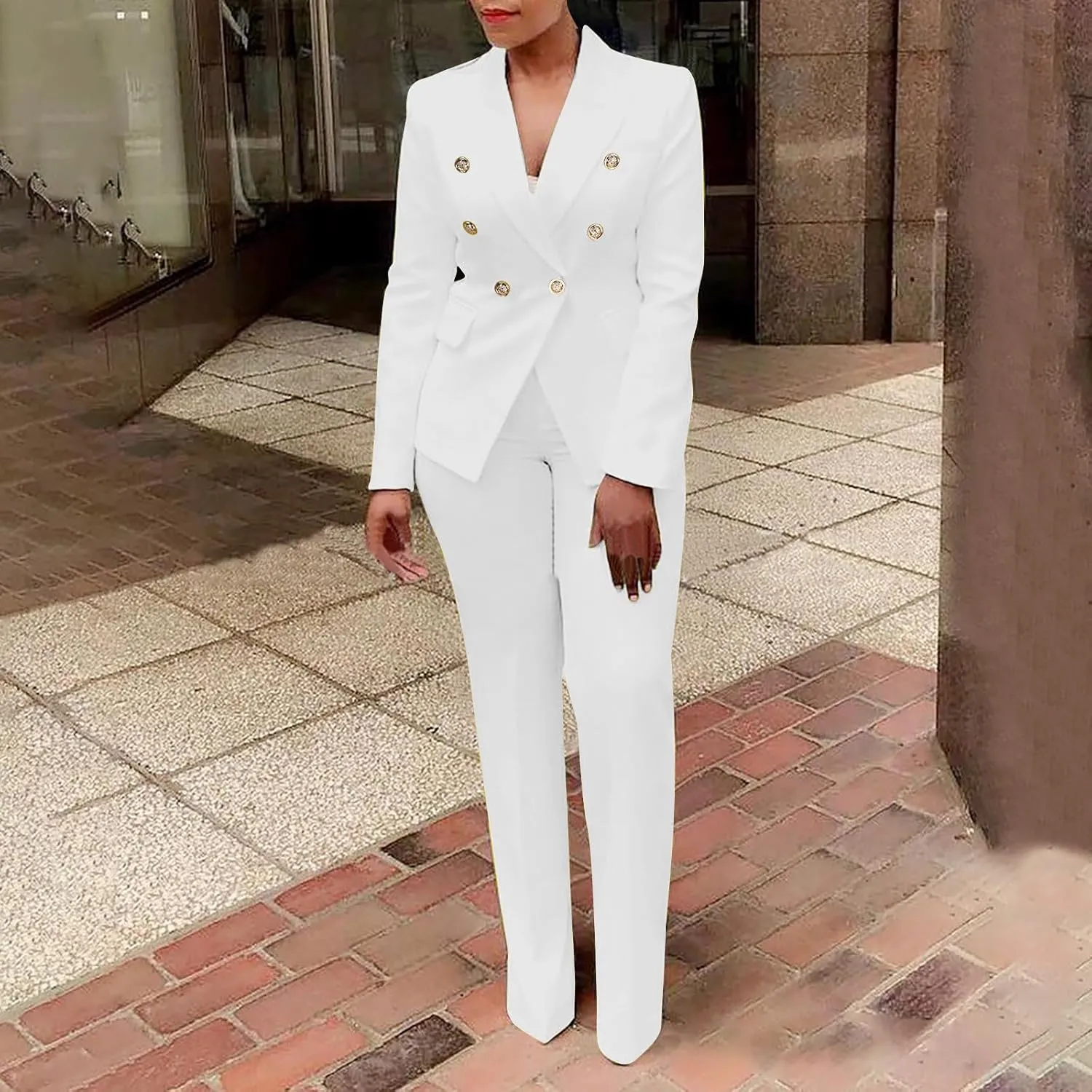 Firzero Pant Suits for Women Dressy Plus Size 2 Piece Blazer Sets Fall Button Blazer and Casual Wide Leg Pants Jacket Outfits