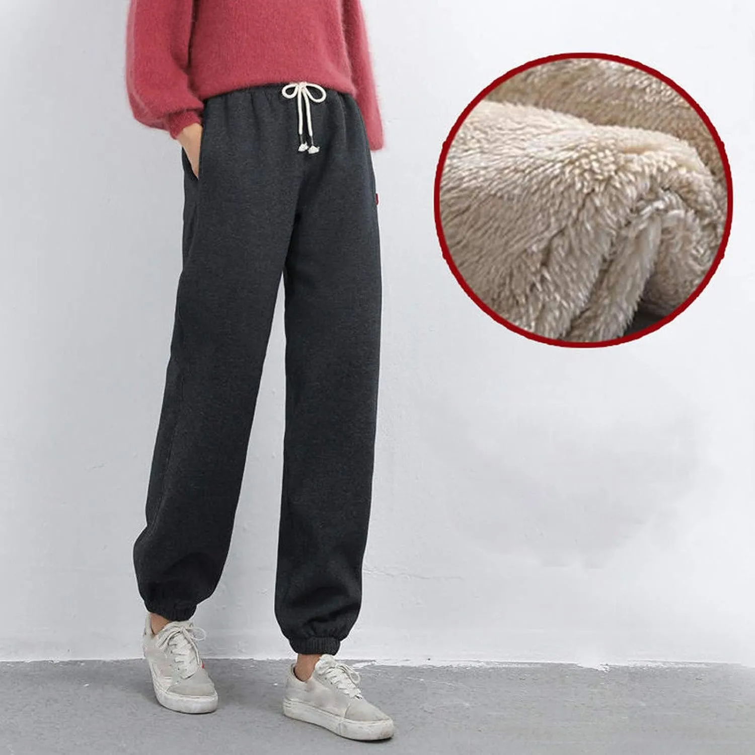 Fleece Lined Sweatpants Women Loose Drawstring Long Pants Warm Joggers Trendy Y2K Sweat Pant High Waist Trousers
