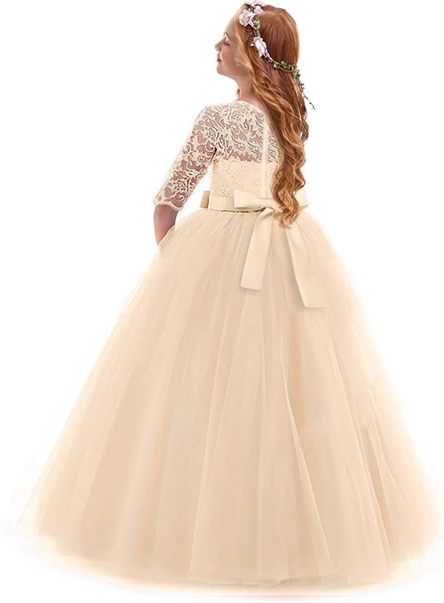 Flower Girls Vintage Lace 3/4 Sleeve Bridesmaid Velvet Dress Princess Wedding Party Pageant Evening Formal Prom Ball Gown
