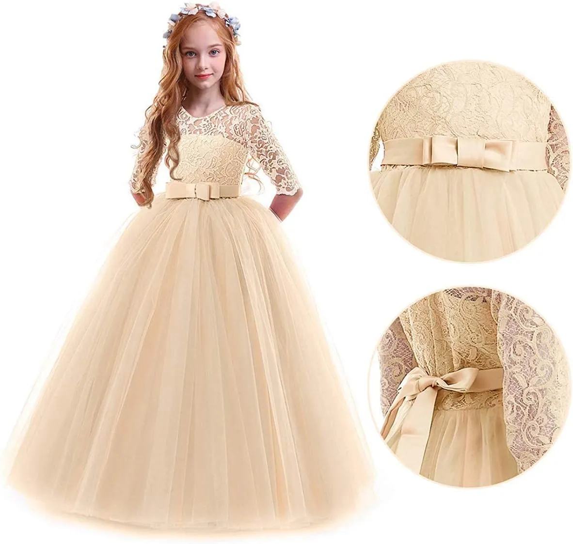 Flower Girls Vintage Lace 3/4 Sleeve Bridesmaid Velvet Dress Princess Wedding Party Pageant Evening Formal Prom Ball Gown