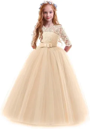 Flower Girls Vintage Lace 3/4 Sleeve Bridesmaid Velvet Dress Princess Wedding Party Pageant Evening Formal Prom Ball Gown