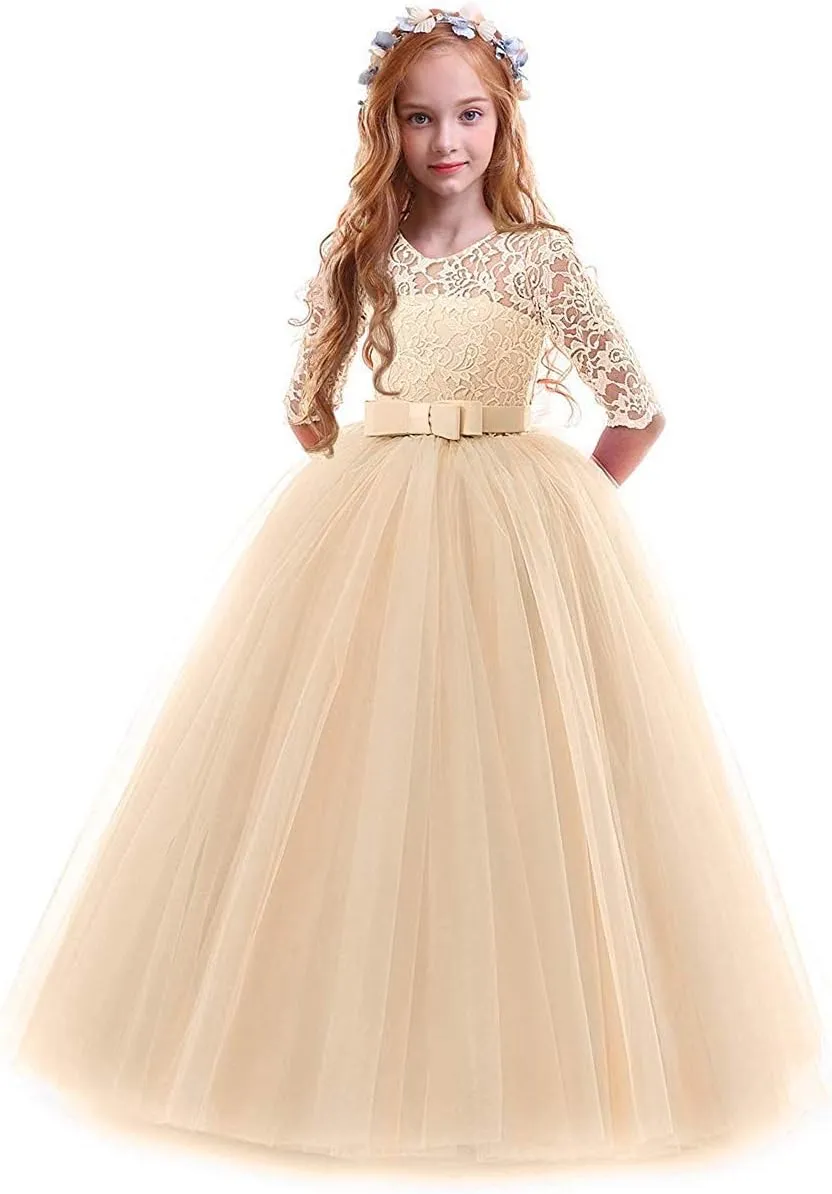 Flower Girls Vintage Lace 3/4 Sleeve Bridesmaid Velvet Dress Princess Wedding Party Pageant Evening Formal Prom Ball Gown