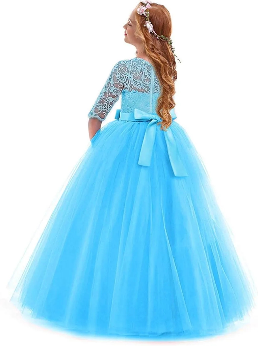 Flower Girls Vintage Lace 3/4 Sleeve Bridesmaid Velvet Dress Princess Wedding Party Pageant Evening Formal Prom Ball Gown