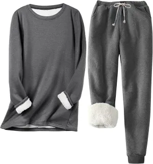 Flygo Women Winter Warm Loungewear Set Sherpa Lined Crewneck Sweatshirt and Jogger Pants Fleece Sweatsuit