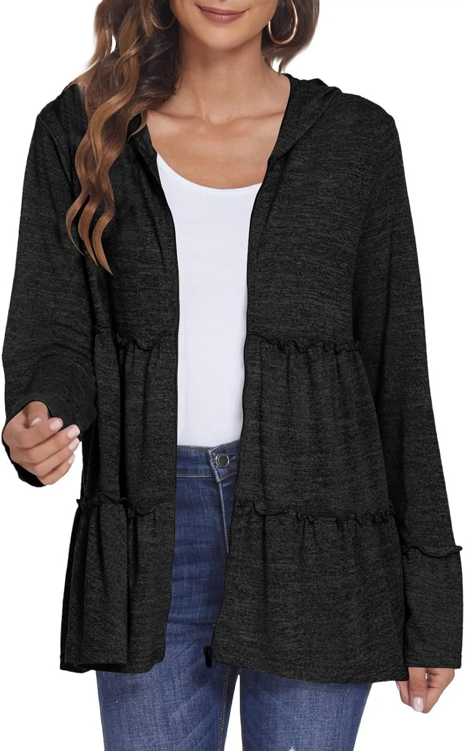 Full Zip Up Hoodie for Women Pleated Flowy Tiered Ruffle Hooded Shirt Lightweight Jacket Long Sleeve Babydoll Top Blouse