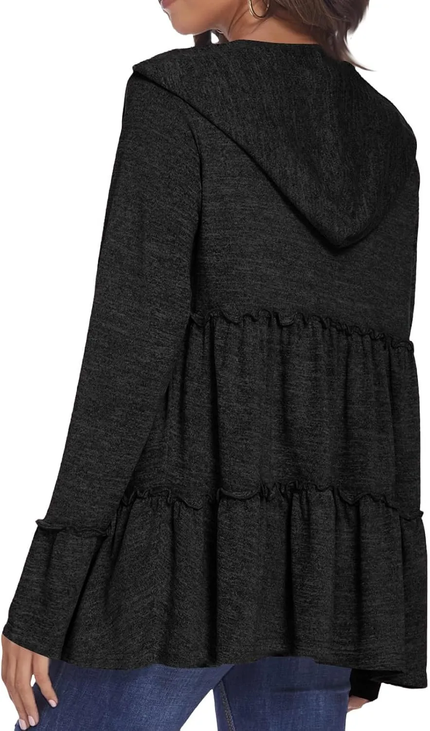 Full Zip Up Hoodie for Women Pleated Flowy Tiered Ruffle Hooded Shirt Lightweight Jacket Long Sleeve Babydoll Top Blouse