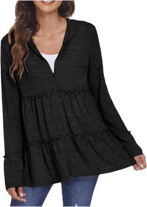 Full Zip Up Hoodie for Women Pleated Flowy Tiered Ruffle Hooded Shirt Lightweight Jacket Long Sleeve Babydoll Top Blouse