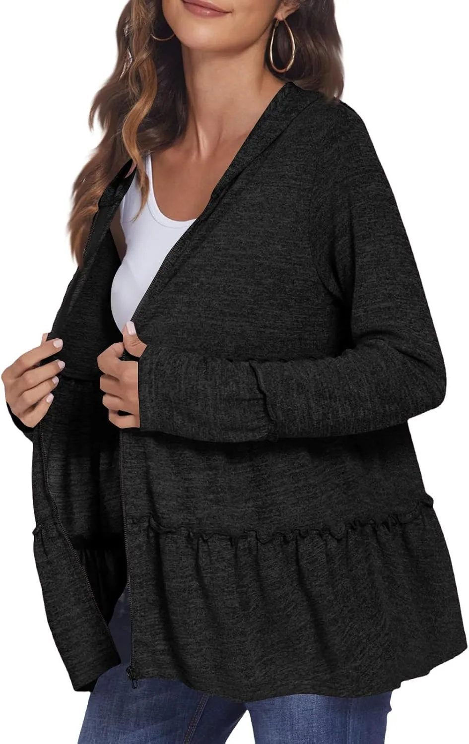 Full Zip Up Hoodie for Women Pleated Flowy Tiered Ruffle Hooded Shirt Lightweight Jacket Long Sleeve Babydoll Top Blouse