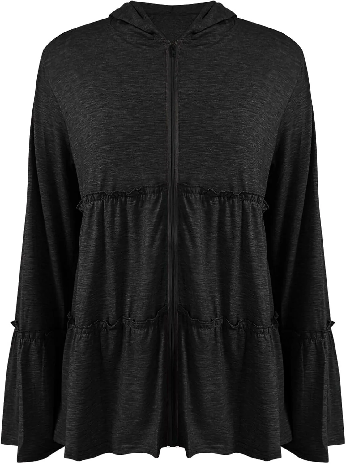 Full Zip Up Hoodie for Women Pleated Flowy Tiered Ruffle Hooded Shirt Lightweight Jacket Long Sleeve Babydoll Top Blouse