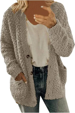 Fuzzy Fleece Jacket for Women Fashion Solid Color Loose Fit Cardigans Sweaters Button Down Open Front Plush Sweatshirt