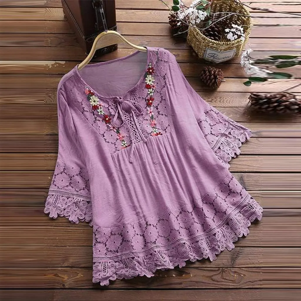 Gauze Linen Shirts for Women Summer Lace Boho Tops 3/4 Length Sleeve Beach Top Blouse Sexy V Neck Embroidered Tshirts