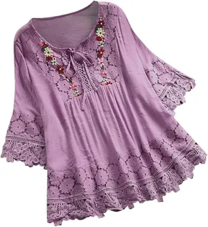 Gauze Linen Shirts for Women Summer Lace Boho Tops 3/4 Length Sleeve Beach Top Blouse Sexy V Neck Embroidered Tshirts
