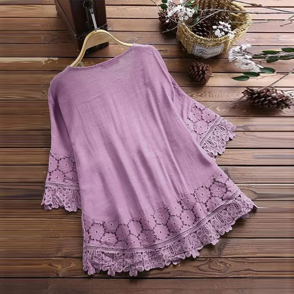 Gauze Linen Shirts for Women Summer Lace Boho Tops 3/4 Length Sleeve Beach Top Blouse Sexy V Neck Embroidered Tshirts