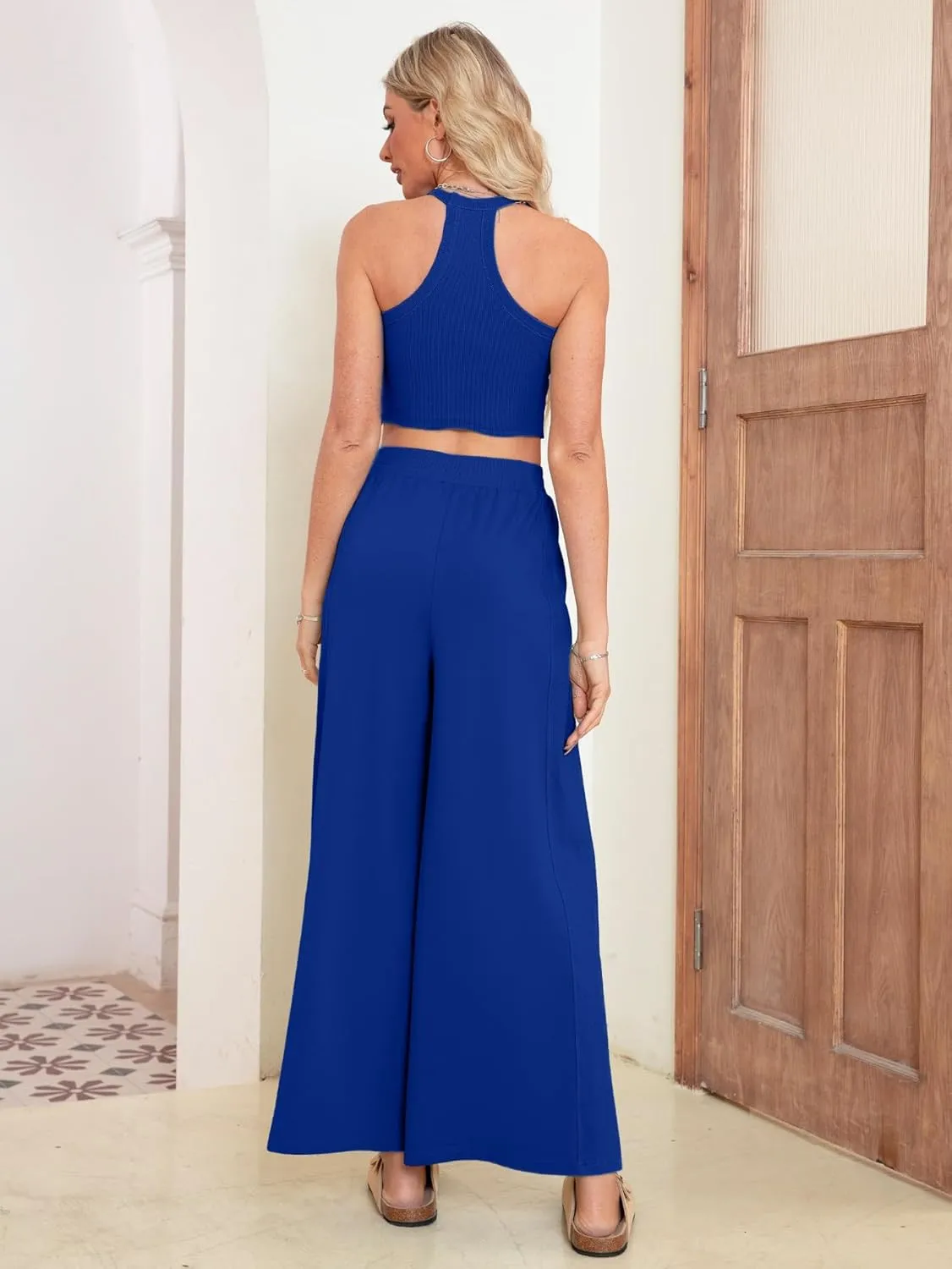 Glamaker Women's 2 Piece Summer Set Crop Tank Top Wide Leg Pants Loungewear Set