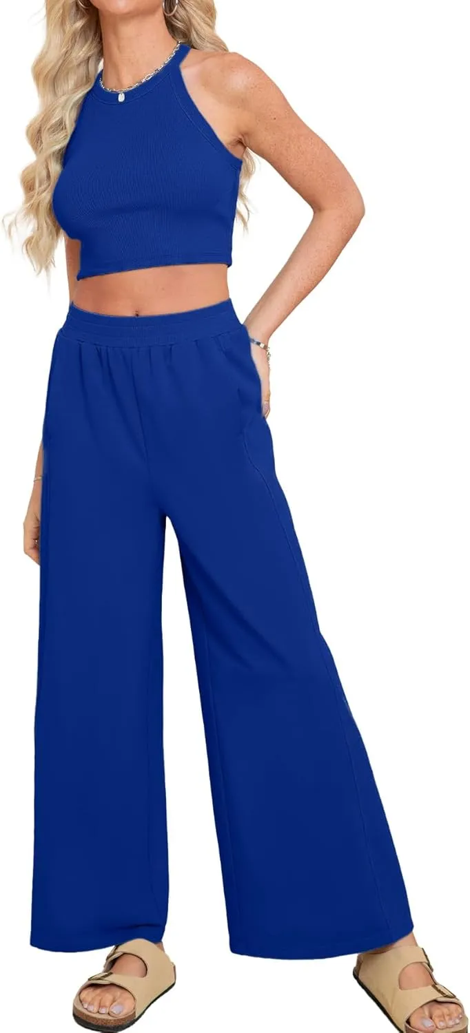 Glamaker Women's 2 Piece Summer Set Crop Tank Top Wide Leg Pants Loungewear Set