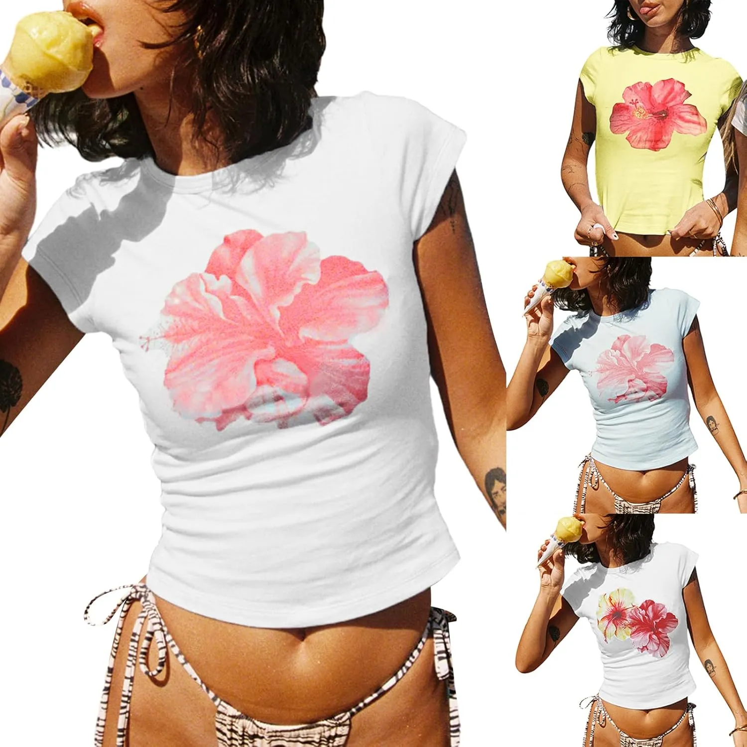 Graphic Baby Tees for Women Y2k Flower Print Short Sleeve Crop Top Teen Girls Aesthetic Vintage Shirts Summer