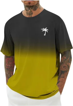 Graphic Beach Tees for Men Gradient Short Sleeve Summer Vacation T-Shirts Fashion Plam Tree Printed Streetwear Tees