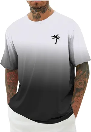 Graphic Beach Tees for Men Gradient Short Sleeve Summer Vacation T-Shirts Fashion Plam Tree Printed Streetwear Tees
