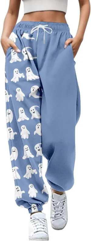 Halloween Cartoon Sweatpants Women Funny Ghostface Cinch Bottoms High Waist Workout Active Jogger Pants with Pockets