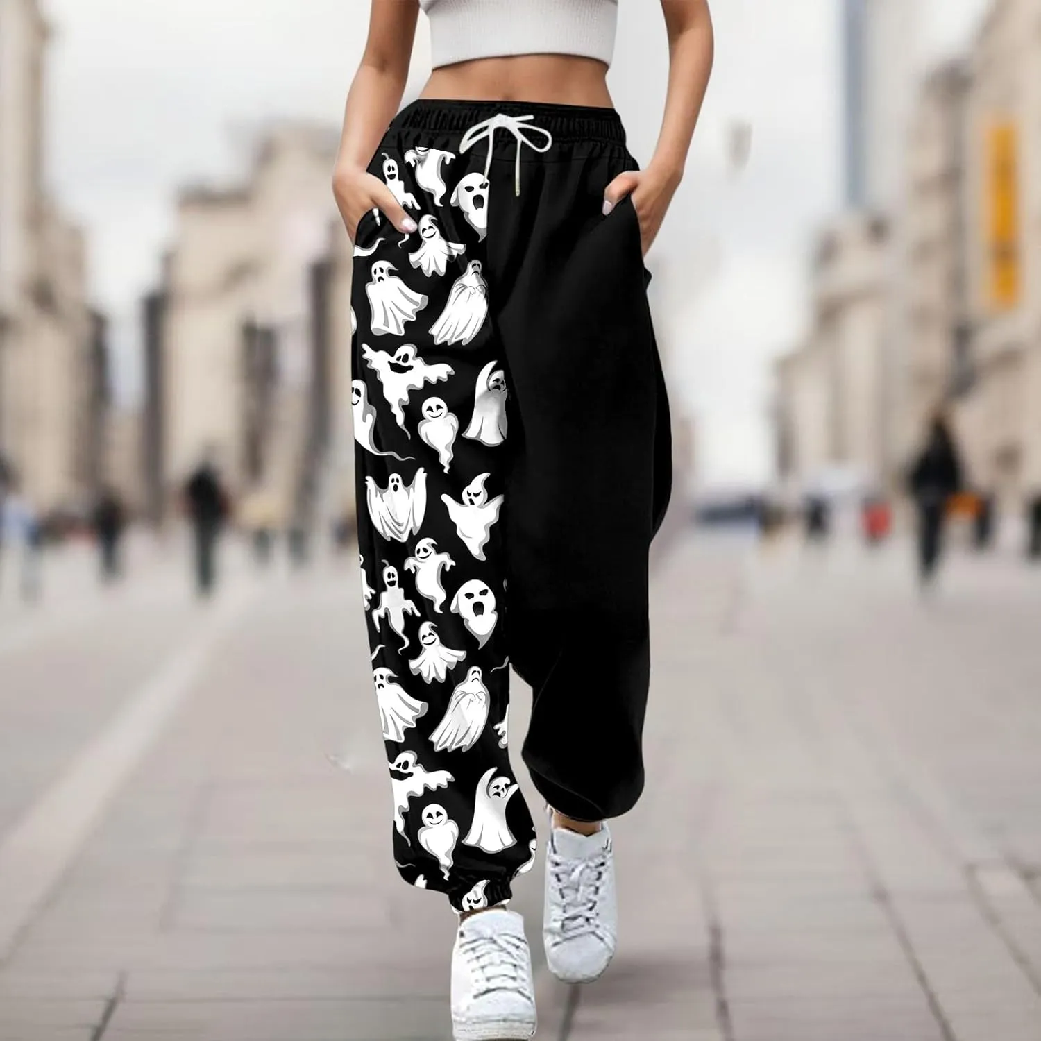 Halloween Cartoon Sweatpants Women Funny Ghostface Cinch Bottoms High Waist Workout Active Jogger Pants with Pockets