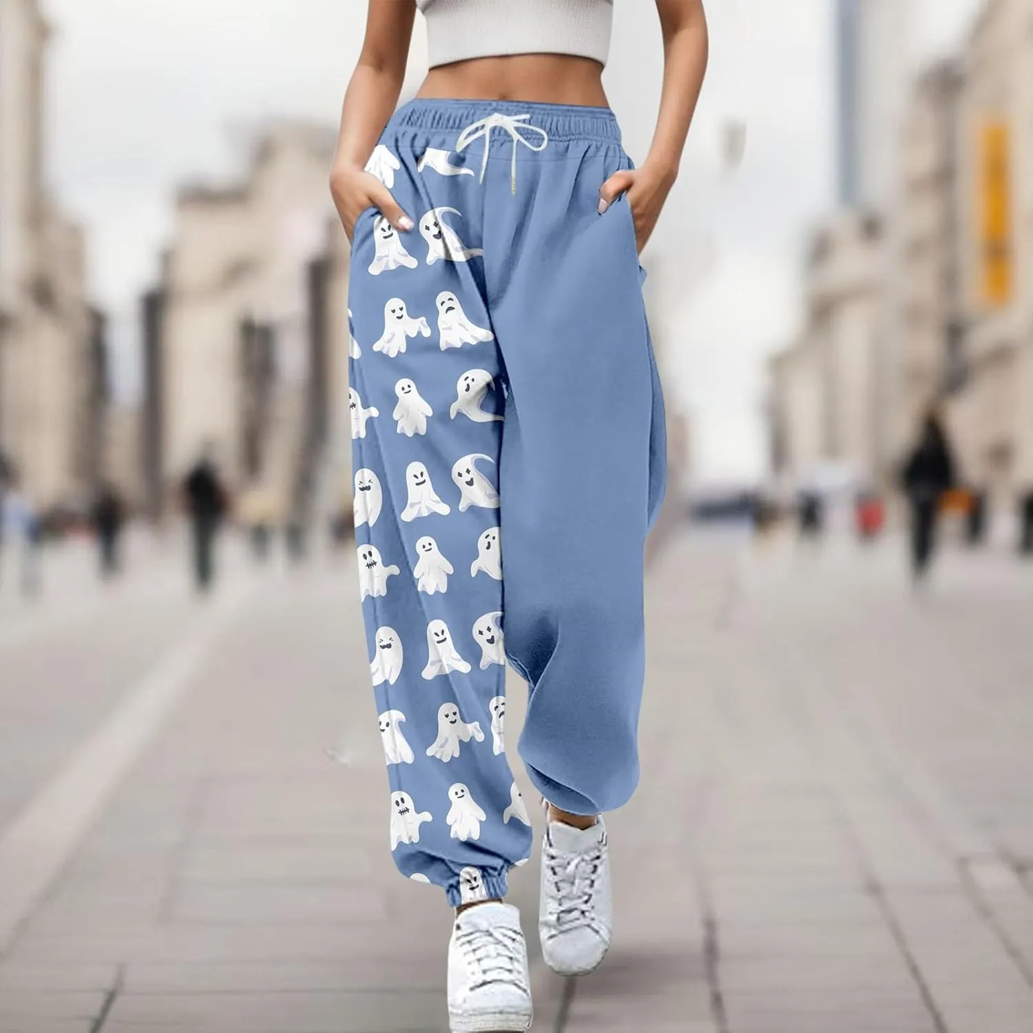 Halloween Cartoon Sweatpants Women Funny Ghostface Cinch Bottoms High Waist Workout Active Jogger Pants with Pockets