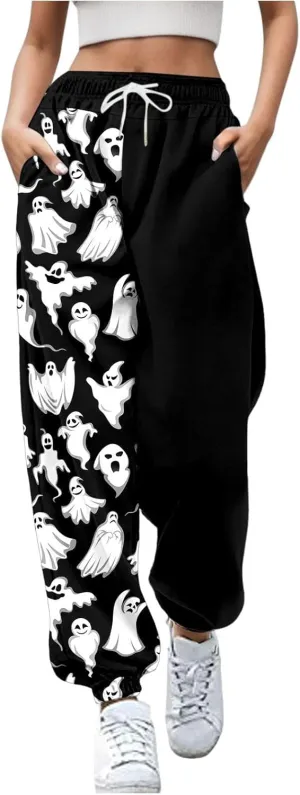 Halloween Cartoon Sweatpants Women Funny Ghostface Cinch Bottoms High Waist Workout Active Jogger Pants with Pockets