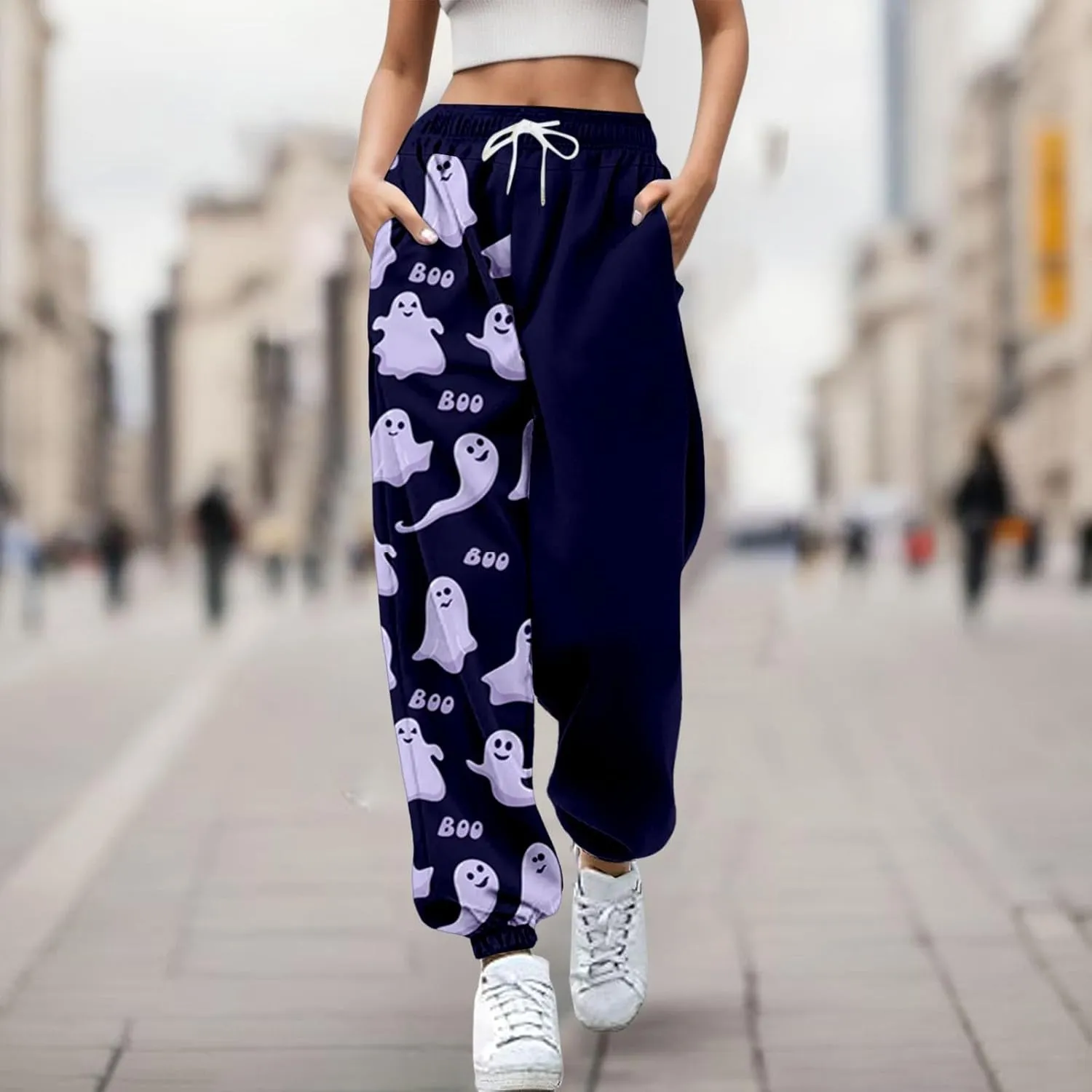Halloween Cartoon Sweatpants Women Funny Ghostface Cinch Bottoms High Waist Workout Active Jogger Pants with Pockets