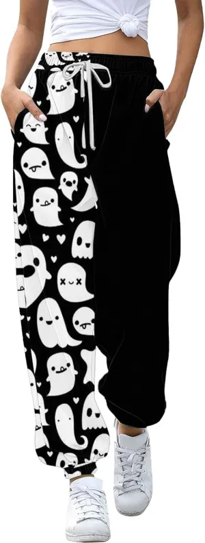 Halloween Sweatpants for Women Drawstring Ghost Print Fleece Joggers Pants High Waist Wide Leg Cinch Bottom Trousers