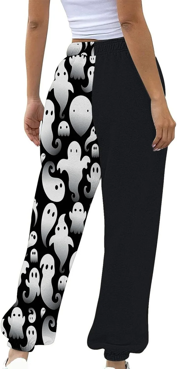 Halloween Sweatpants for Women Drawstring Ghost Print Fleece Joggers Pants High Waist Wide Leg Cinch Bottom Trousers