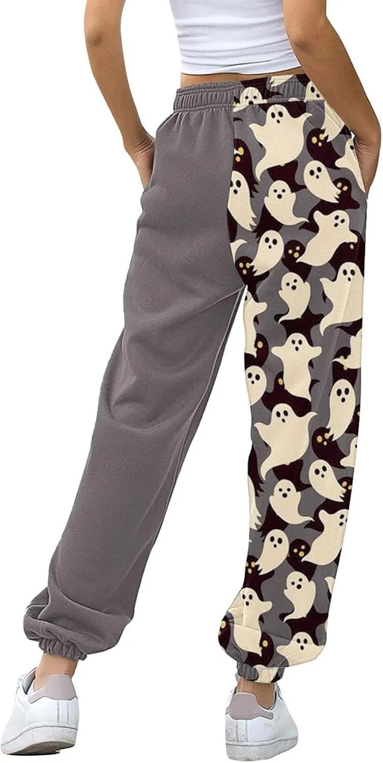 Halloween Sweatpants for Women Drawstring Ghost Print Fleece Joggers Pants High Waist Wide Leg Cinch Bottom Trousers