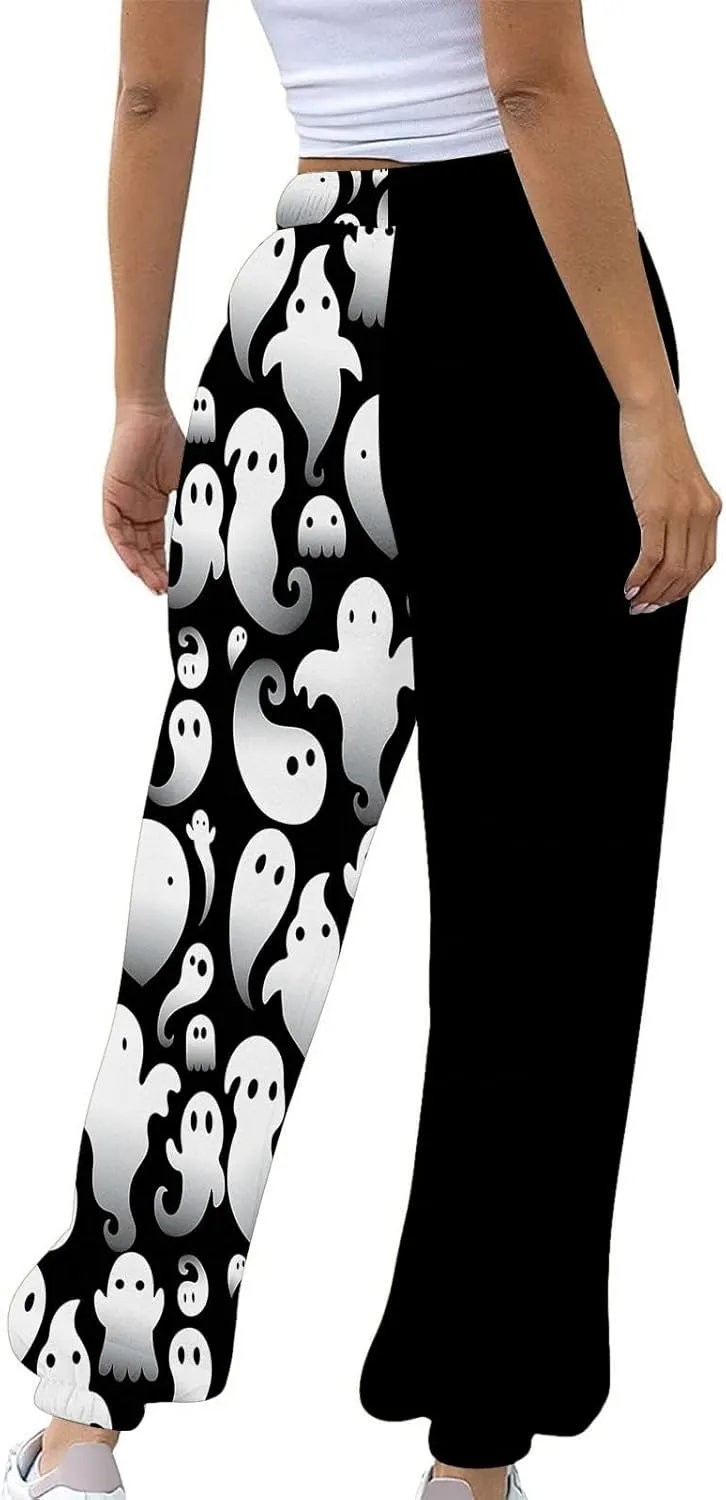 Halloween Sweatpants for Women Drawstring Ghost Print Fleece Joggers Pants High Waist Wide Leg Cinch Bottom Trousers