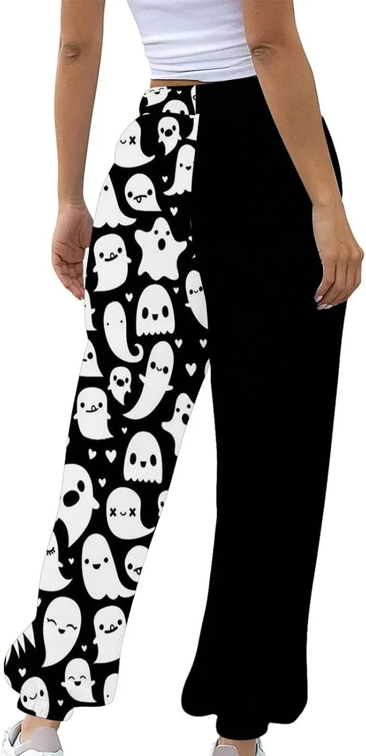 Halloween Sweatpants for Women Drawstring Ghost Print Fleece Joggers Pants High Waist Wide Leg Cinch Bottom Trousers