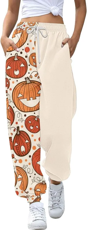 Halloween Sweatpants for Women Drawstring Ghost Print Fleece Joggers Pants High Waist Wide Leg Cinch Bottom Trousers