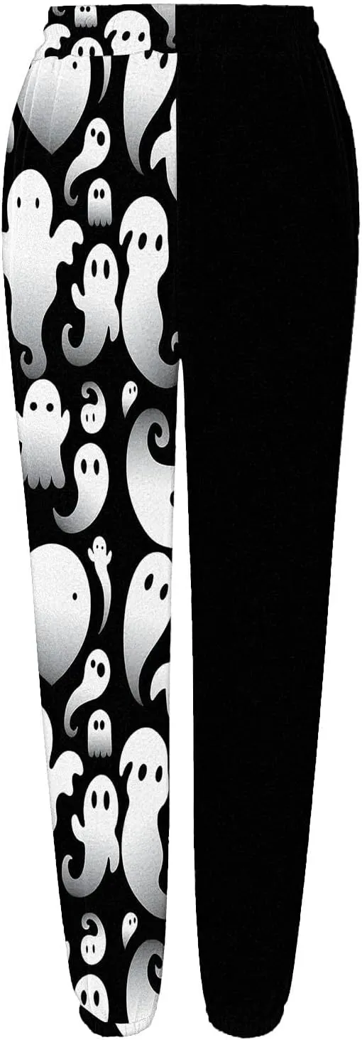 Halloween Sweatpants for Women Drawstring Ghost Print Fleece Joggers Pants High Waist Wide Leg Cinch Bottom Trousers