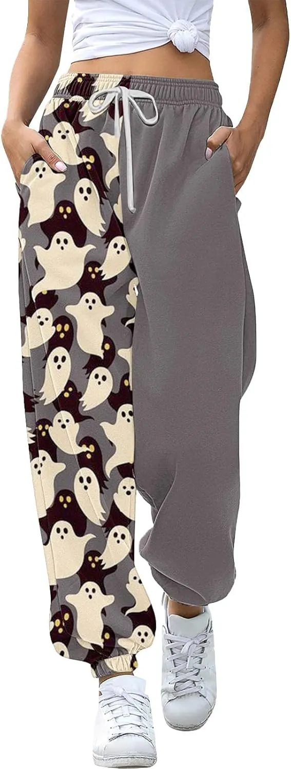 Halloween Sweatpants for Women Drawstring Ghost Print Fleece Joggers Pants High Waist Wide Leg Cinch Bottom Trousers