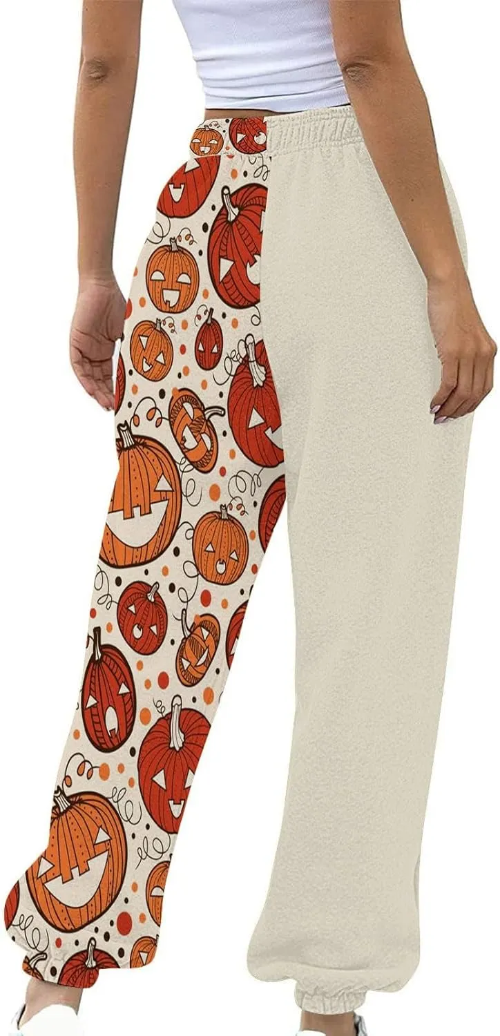 Halloween Sweatpants for Women Drawstring Ghost Print Fleece Joggers Pants High Waist Wide Leg Cinch Bottom Trousers