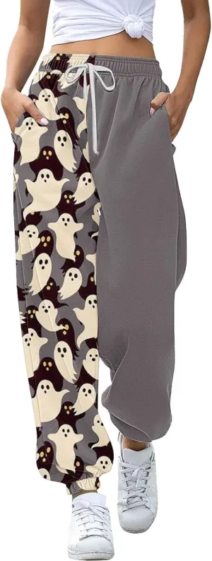 Halloween Sweatpants for Women Drawstring Ghost Print Fleece Joggers Pants High Waist Wide Leg Cinch Bottom Trousers