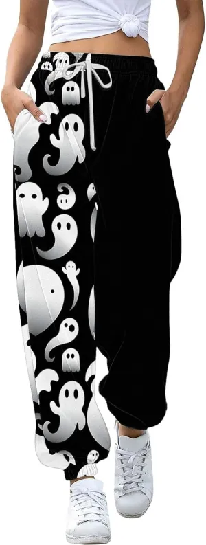 Halloween Sweatpants for Women Drawstring Ghost Print Fleece Joggers Pants High Waist Wide Leg Cinch Bottom Trousers