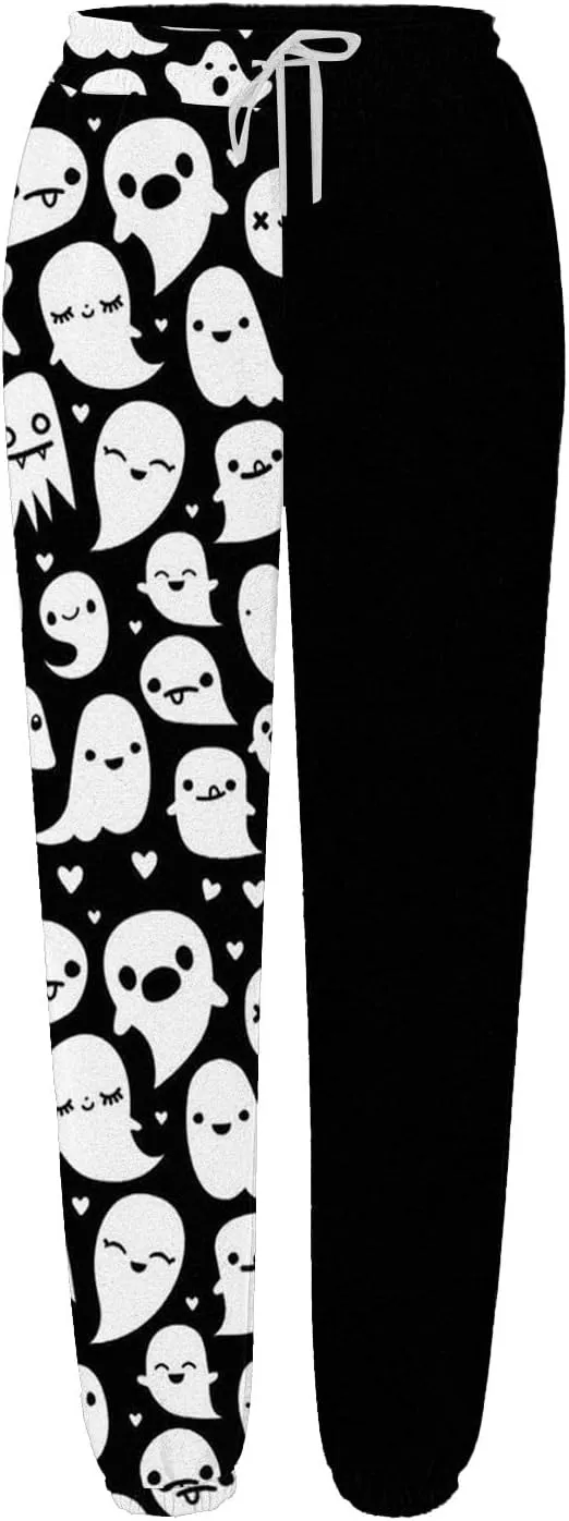 Halloween Sweatpants for Women Drawstring Ghost Print Fleece Joggers Pants High Waist Wide Leg Cinch Bottom Trousers