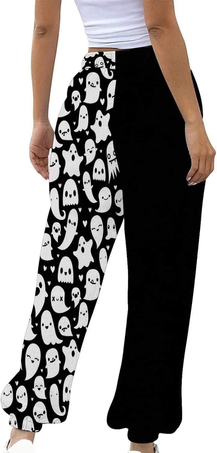Halloween Sweatpants for Women Drawstring Ghost Print Fleece Joggers Pants High Waist Wide Leg Cinch Bottom Trousers