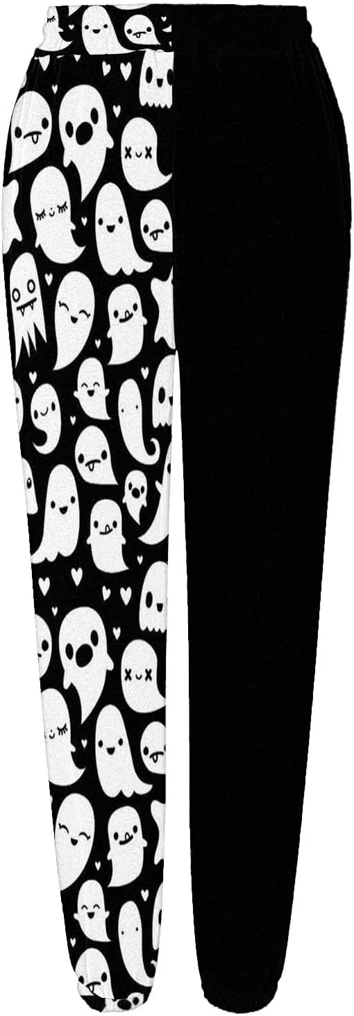Halloween Sweatpants for Women Drawstring Ghost Print Fleece Joggers Pants High Waist Wide Leg Cinch Bottom Trousers