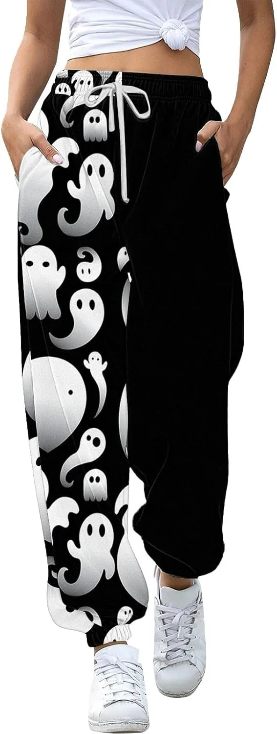 Halloween Sweatpants for Women Drawstring Ghost Print Fleece Joggers Pants High Waist Wide Leg Cinch Bottom Trousers