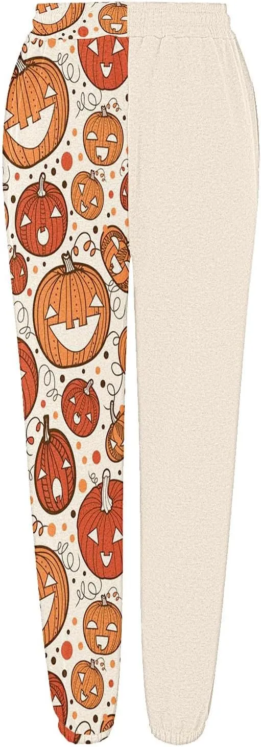 Halloween Sweatpants for Women Drawstring Ghost Print Fleece Joggers Pants High Waist Wide Leg Cinch Bottom Trousers