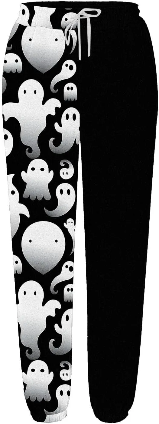 Halloween Sweatpants for Women Drawstring Ghost Print Fleece Joggers Pants High Waist Wide Leg Cinch Bottom Trousers