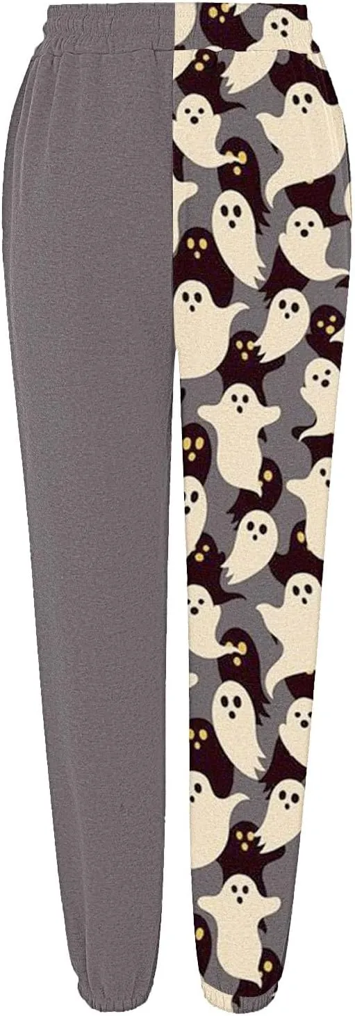 Halloween Sweatpants for Women Drawstring Ghost Print Fleece Joggers Pants High Waist Wide Leg Cinch Bottom Trousers