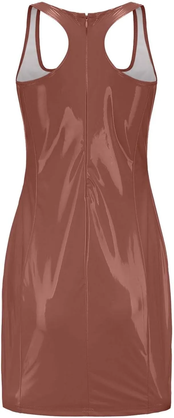 HGps8w Womens Faux PU Leather Mini Bodycon Dress Sexy Scoop Neck Sleeveless Party Club Night Evening Cocktail Dresses