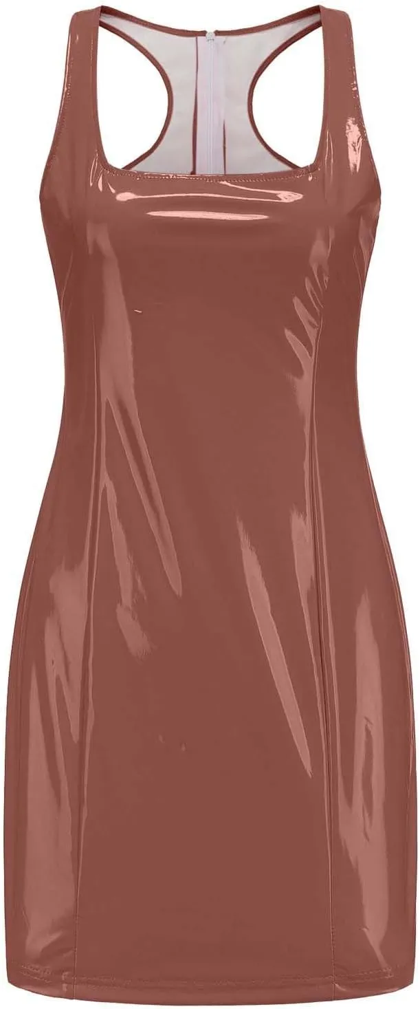 HGps8w Womens Faux PU Leather Mini Bodycon Dress Sexy Scoop Neck Sleeveless Party Club Night Evening Cocktail Dresses