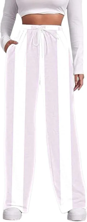 High Waisted Color Block Straight Leg Pants Printed Drawstring Baggy Trousers with Pockets Elastic Waisted Pants Women
